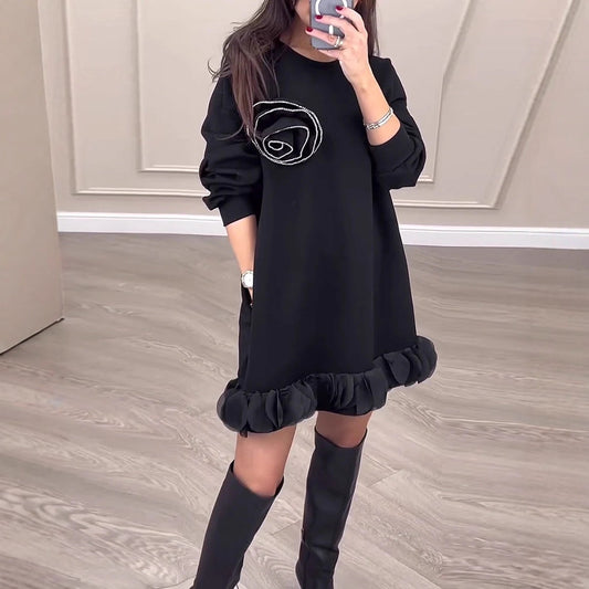 Floral Beaded Peplum Spliced Loose Sweater Dress