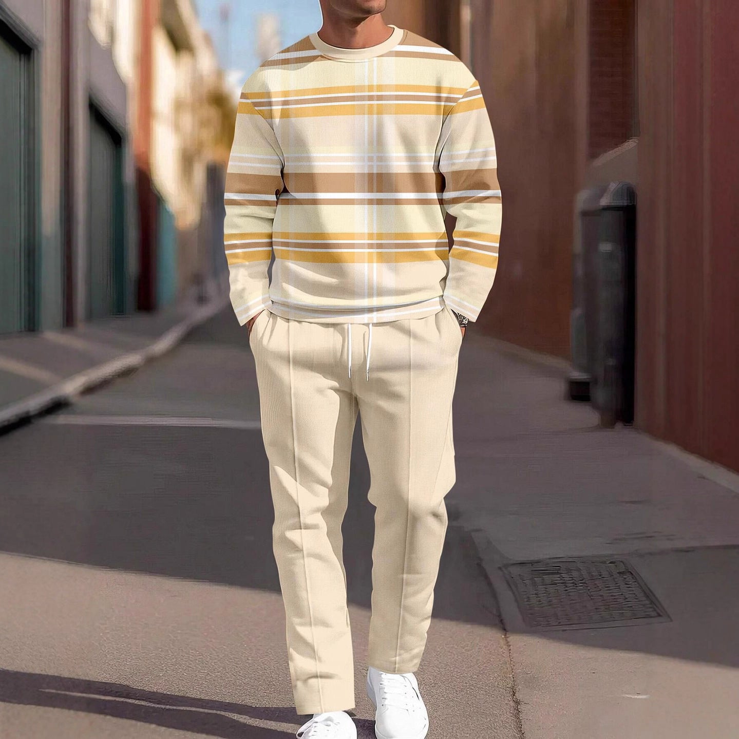 Fashion Line Printing Men's Round Neck Suit