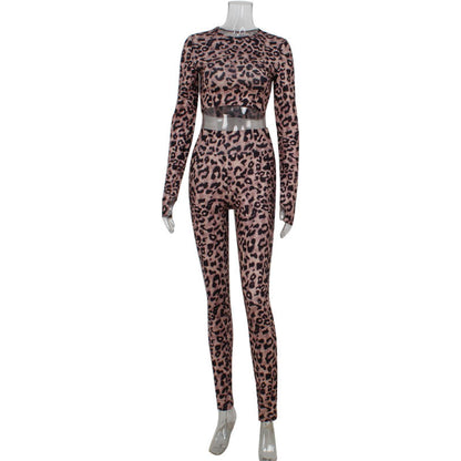Women's Fashion Leopard Suit Tight Long Sleeves Cropped Top And Trousers Two-piece Suit