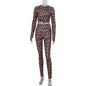 Women's Fashion Leopard Suit Tight Long Sleeves Cropped Top And Trousers Two-piece Suit