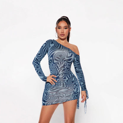 Women's Fashion Drawstring Ruched Tie Long Sleeve Dress