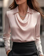 Women's Swing Collar Draped Shirts & Blouses Elegant Solid Satin Office Ladies Top Pullover Spring Long Sleeve Casual Tops