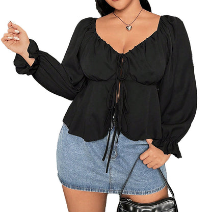 French-style V-neck Puff Sleeve High-end Slim-fit Sexy Solid Color Top