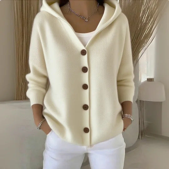 Ins Button Hooded Sweater Fashion Autumn And Winter Knitted Cardigan Casual Commuter Long Sleeve Top Women's Clothing
