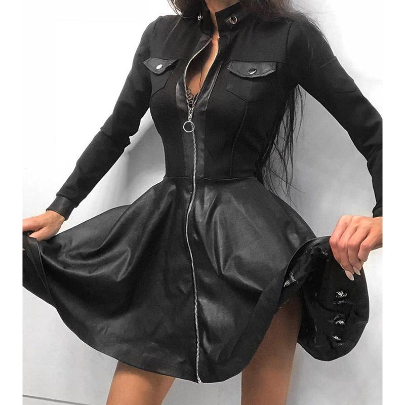 Women's PU Leather Mini Dress - Long Sleeve V-Neck Zipper Party Dress