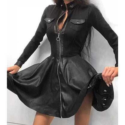 Women's PU Leather Mini Dress - Long Sleeve V-Neck Zipper Party Dress