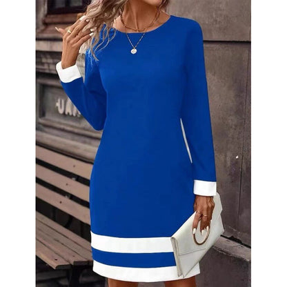 New Fashion Fitted Color-block Long-sleeve Dress With Round Neckline
