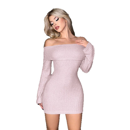 Women's One-shoulder Long-sleeve Knitted Fashion Slim Sexy Dress