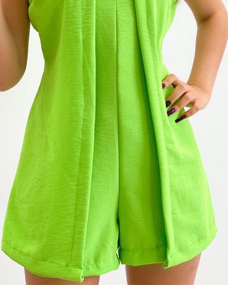 Green Sleeveless Front Slit One-piece Shorts