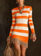 Round-neck Knitted Tassel Bodycon Dress With Digital Print