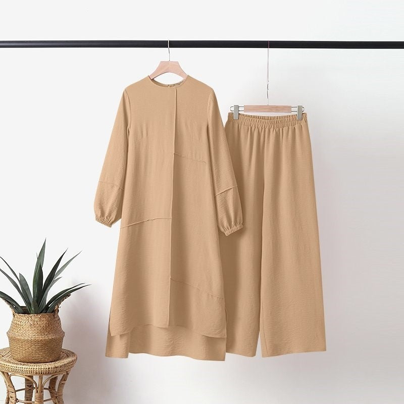 Plus Size Women's Solid Color Shirt Round Neck Elastic Cuff Top With Asymmetrical Hem & Wide-Leg Pants Set