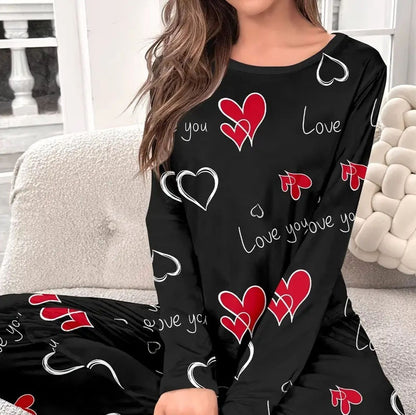 Casual Heart Leopard Print Pajamas Set Loose Long Sleeve Ladies