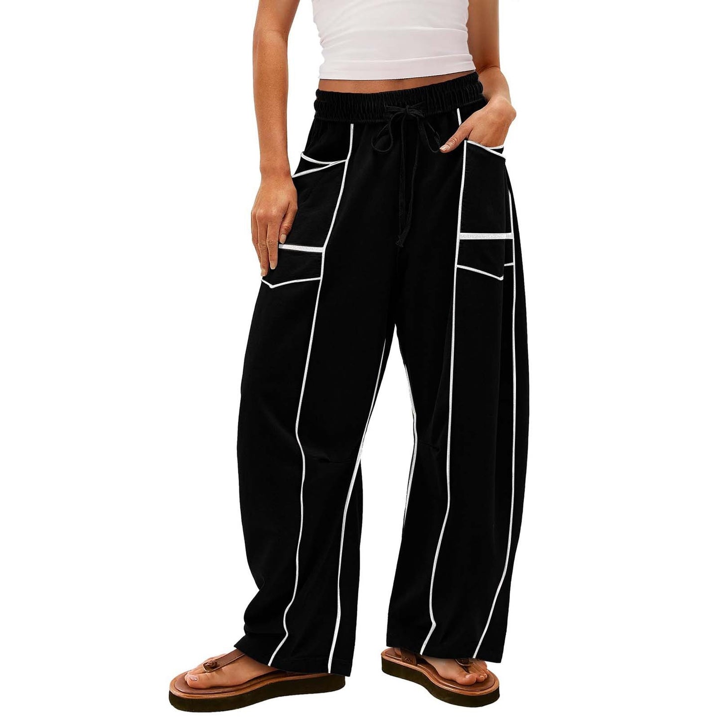 Y2K Black Striped Wide-leg Pants With Pockets Fashion Loose Drawstring Trousers Sports Sweatpants Women's Clothing