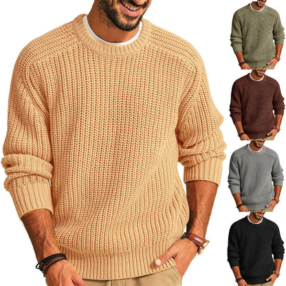 Men's Solid Color Long Sleeve Round Neck Fashion Sweater Loose Retro Sweater