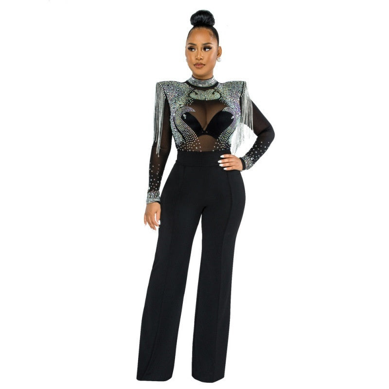 Arrival Hot-Stone Embellished Tassel-Trimmed Shoulder Design Sheer Polyester Mesh Patchwork Jumpsuit