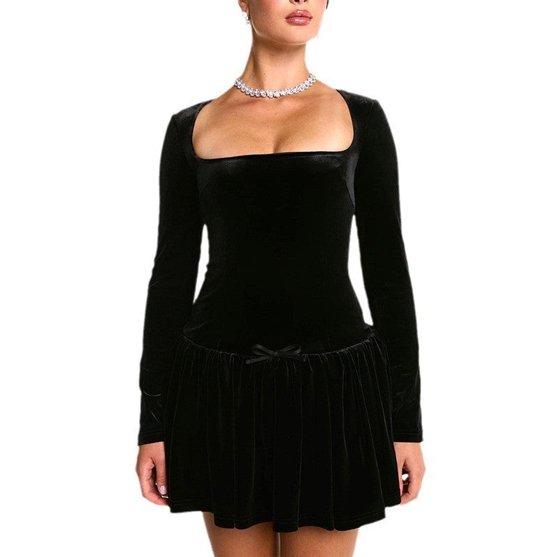 Women's High-grade Velvet Slim Fit Long-sleeved Ruffled Dress