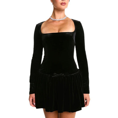 Women's High-grade Velvet Slim Fit Long-sleeved Ruffled Dress