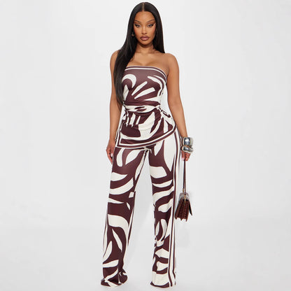 Sexy Split-front Bandeau Top With Tight Pants Set