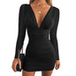 European And American Sexy Style V-neck Dress Autumn And Winter High-waist Figure-hugging Short Skirt