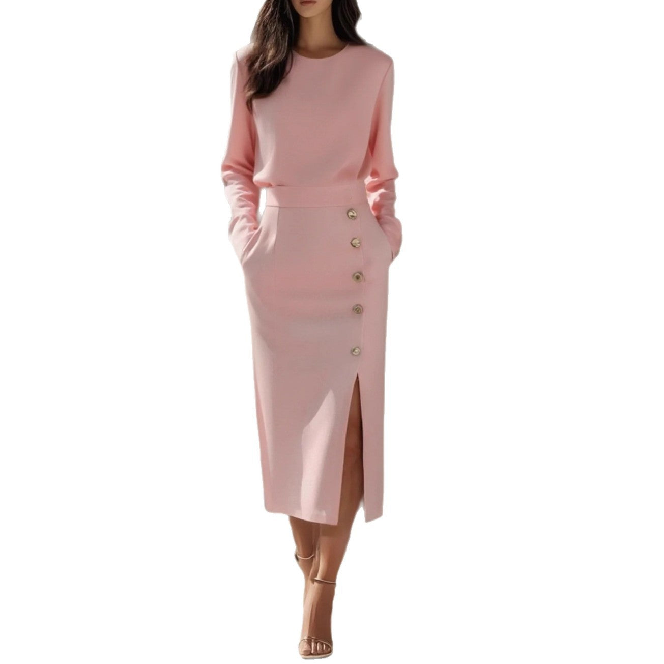 Long-sleeved Round Neck Waist-tie Button-decorated Slit Women's Dress