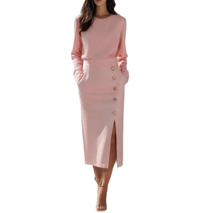 Long-sleeved Round Neck Waist-tie Button-decorated Slit Women's Dress