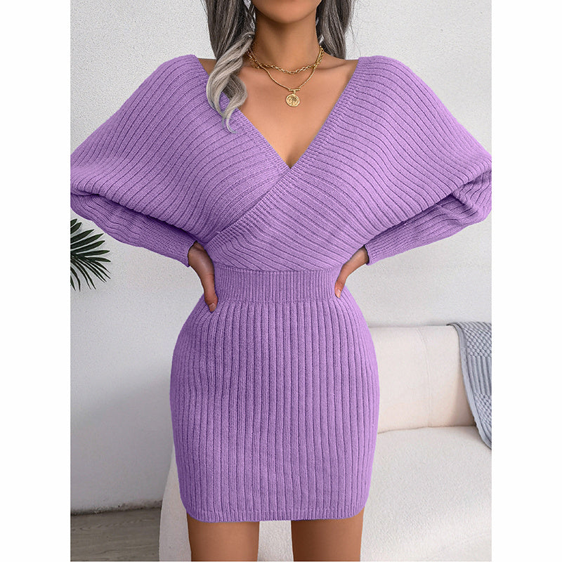 Women's Batwing Sleeve Sweater Dress - Sexy Off The Shoulder V-Neck Mini Dress, Solid Color