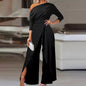 Women's Elegant One-Shoulder Jumpsuit With Long Sleeves & Pants Slit Pleated Waist Formal & Party For Spring&Summer