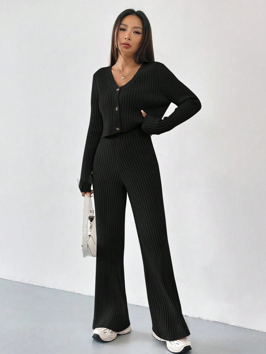 Solid Color Knitted Two-piece Women's V-neck Short Knitted Cardigan Bootcut Trousers Versatile Casual Women's Clothing