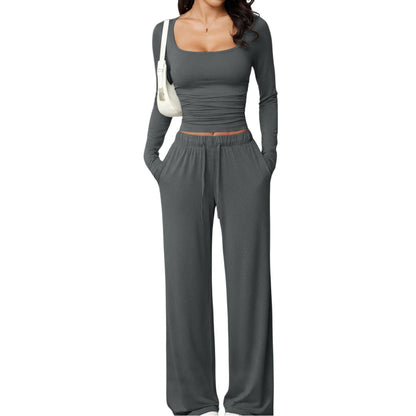 Womens Casual Pants And Square Neck Long Sleeve Cropped Top Set
