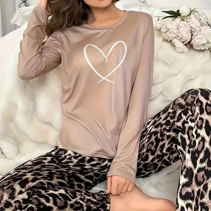 Casual Heart Leopard Print Pajamas Set Loose Long Sleeve Ladies