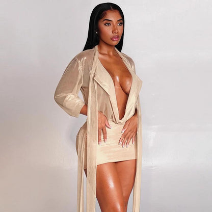 Women's Sexy Transparent Tied Long Sleeves Top Tight Sheath Short Dress Two-piece Set