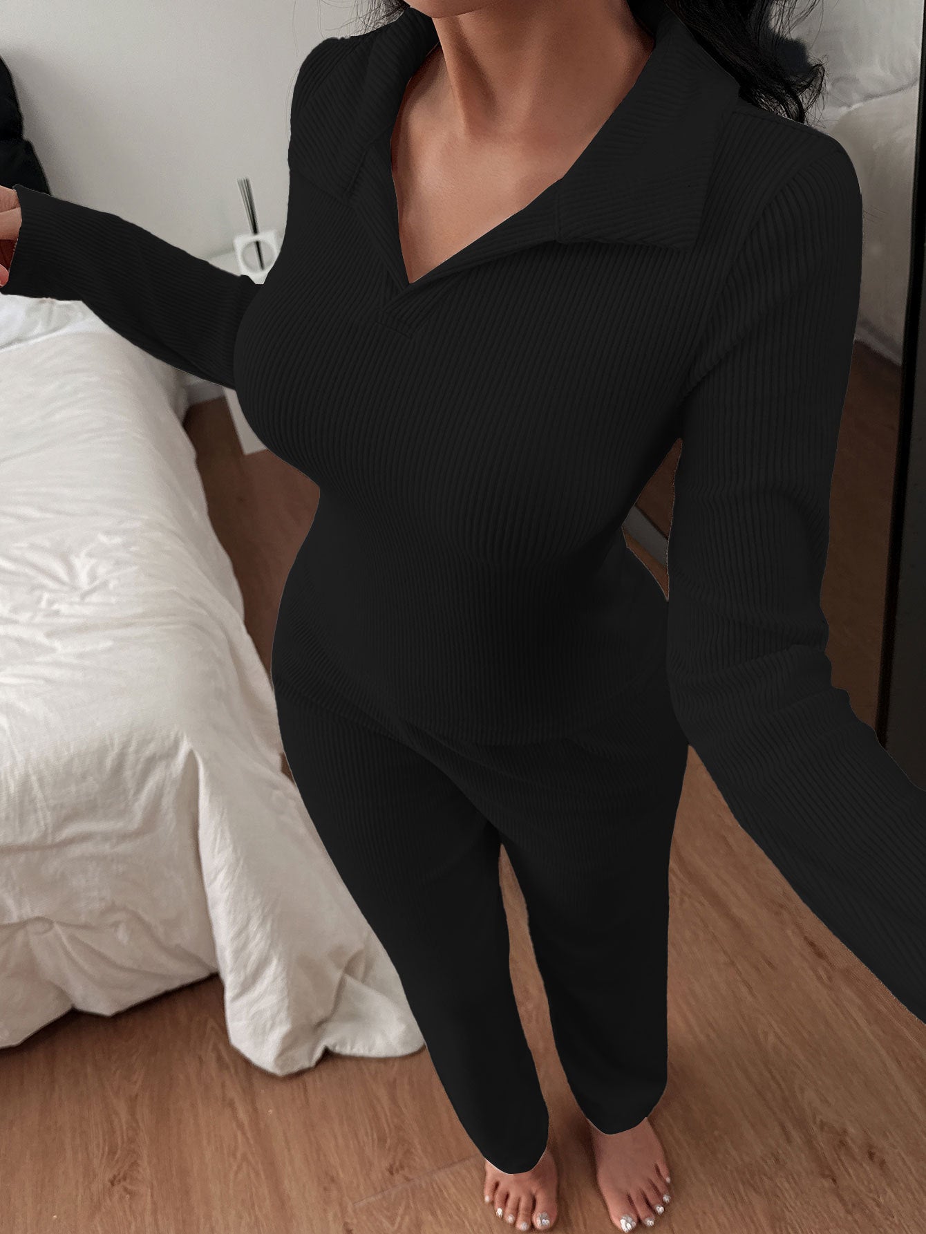 New Knitted Polo Collar Long-sleeved Casual Trousers Pajamas Homewear Suit