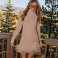 Women's Solid Color High Neck Handmade Fringe Fashion Dress