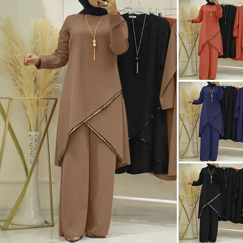 O-collar Long Sleeve Shirt Wide Leg Pants Suit Casual Women's Suit