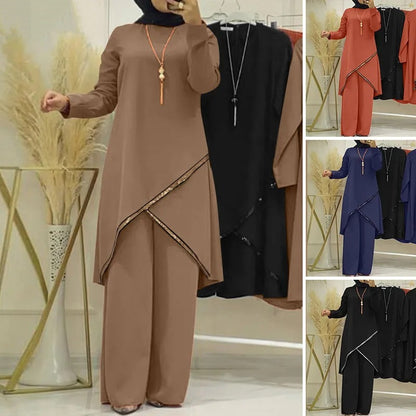 O-collar Long Sleeve Shirt Wide Leg Pants Suit Casual Women's Suit