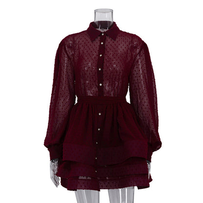 Lapel-collar Long-sleeve Single-breasted Button-up Belted Shirt Dress