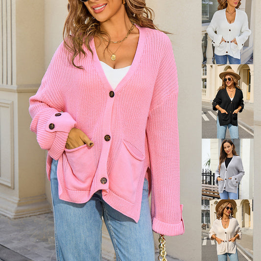 Fashion V-neck Knitted Cardigan Loose Sweater Long Sleeve Pocket Top