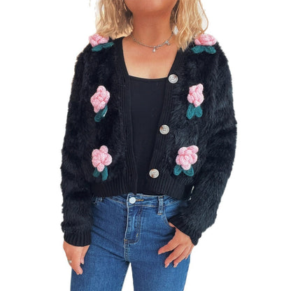 Stitching Three-dimensional Flower Fashion Short Knitted Sweater