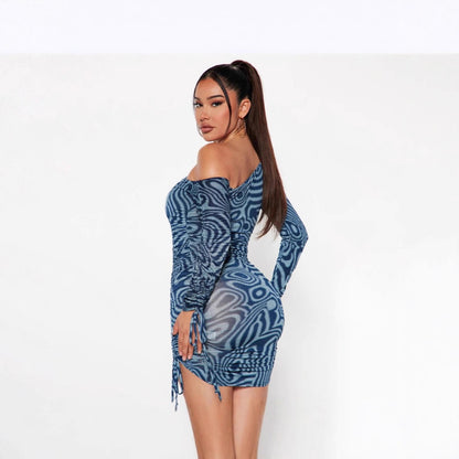 Women's Fashion Drawstring Ruched Tie Long Sleeve Dress