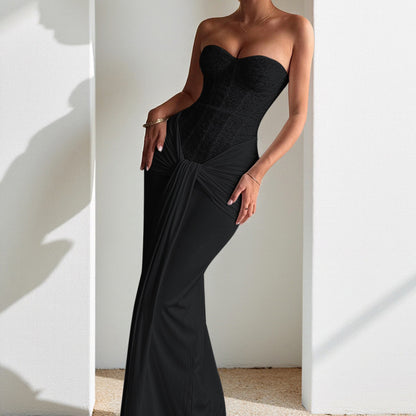 Evening Dress Long Skirt Waist-cinching Slim Ribbon Strapless Elegant Dress