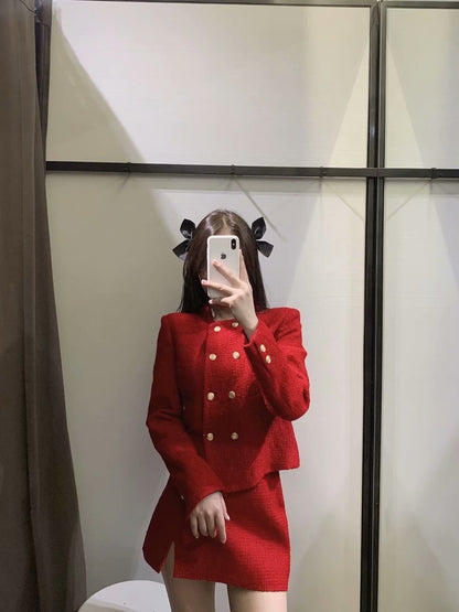 Textured Woolen Short Double Breasted Blazer Split Skirt