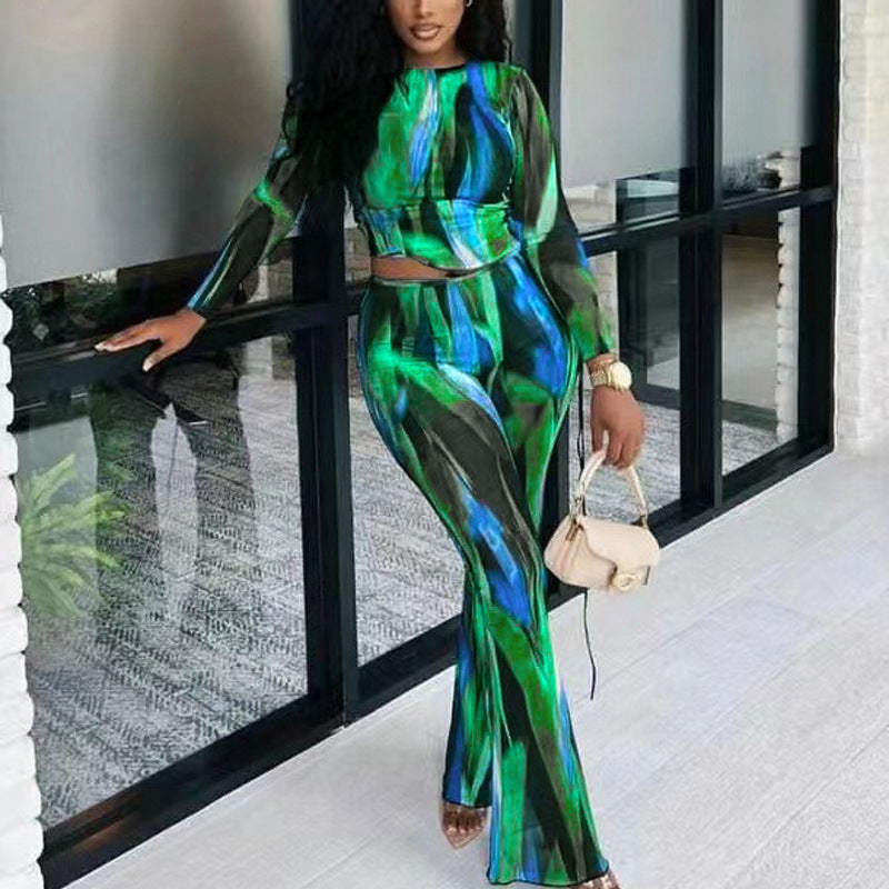 Printed Long Sleeve T-shirt And Wide-leg Pants Two-piece Set
