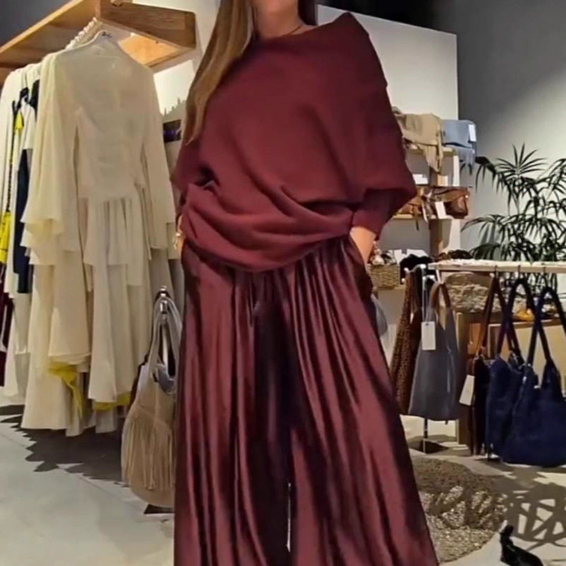 Women's Casual Satin Wide-leg Pants Suit