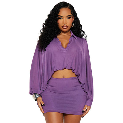 Mesh Bubble Hem Shirt Dress Set