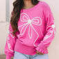 Corded Flower Bow Ribbed Trim Casual Sweater