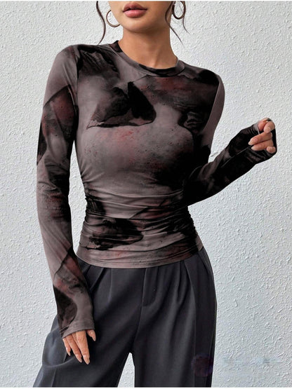 Ink-wash Retro Print Women's Slim-fit Versatile Stylish Top