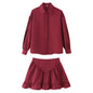 Elegant Lapel Style Button Up Shirt With Ruffle Hem And Matching Skirt Set