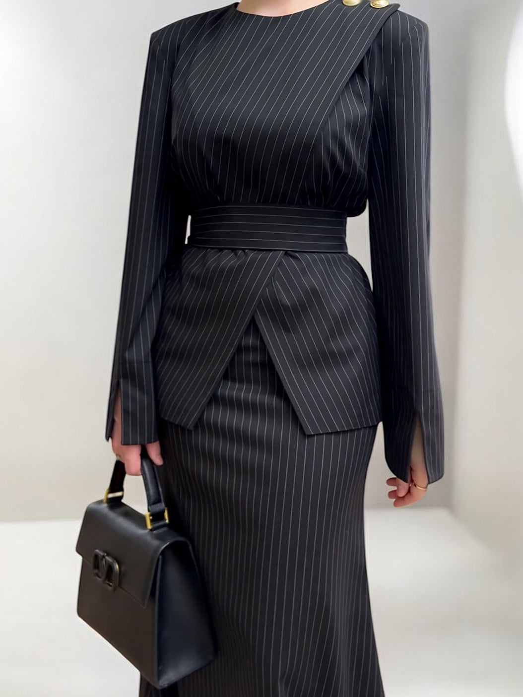 Black Pinstripe Maxi Dress With Structured Waist And Gold Button Accent
