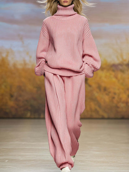 Knitted Loose Fitting Turtleneck And Wide Leg Pants Set
