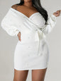 Beaded Bodycon Dress Casual Long-sleeve Solid-color Off-shoulder Dress Women's Apparel